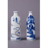 Two C19th Chinese porcelain snuff bottles, the underglaze red and blue bottle painted with figures