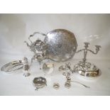 Silver plated kettle on stand, a drinks tray and a quantity of mixed silver plated items