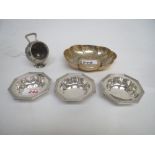 3 silver dishes Indian white metal salt cellars and continental dish