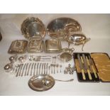 Large qty of mixed silver plate, drink's tray, entree dishes, mustard pot etc