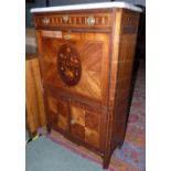 C19th Continental walnut floral marquetry inlaid escritoire, with marble top, on stile supports,