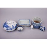 A group of Chinese blue and white wares, comprising: a rectangular jardinière, a circular box and