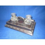 Late Victorian oak ink stand with 2 glass inkwells