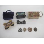 Pair Opera glasses by Mappin and Webb of London and one other pair, evening bag and 4 military