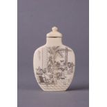 Chinese ivory snuff bottle carved on one side with figural scene and the reverse with an excerpt