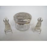 Continental silver lidded pot and pair of miniature chairs with embossed fishing scenes 3ozt