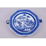 C19th Chinese blue and white warming dish with double skin for holding hot water, painted with