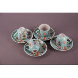 A set of four C19th/20th Chinese Dayazhai famille rose turquoise-ground cups and saucers, painted