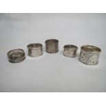 5 mixed Hallmarked silver napkin rings  3ozt