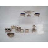 Hallmarked silver bon bon dish, pair of salts, napkin rings,  etc