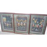 Set of 3 Indian hand painted on fabric figural panels depicting dancers and musician