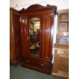 Edwardian walnut mirror door wardrobe with deep drawer on plinth base, 124cm wide