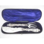 Pair Victorian hallmarked silver fish servers  (cased) with embossed lily decoration in original box