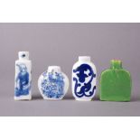 Four Chinese porcelain snuff bottles, comprising: three blue and white bottles and one green