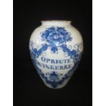 C19th Dutch tin glazed drug jar inscribed "Opregte Duynkerke, 31 cm H