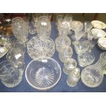 Waterford cut glass decanter & stopper, 6 conical bowl wine glasses and assorted glassware.