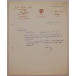 Jack Hobbs. Surrey & England. Hand written one page letter, on ‘Jack Hobbs Ltd’ headed paper,