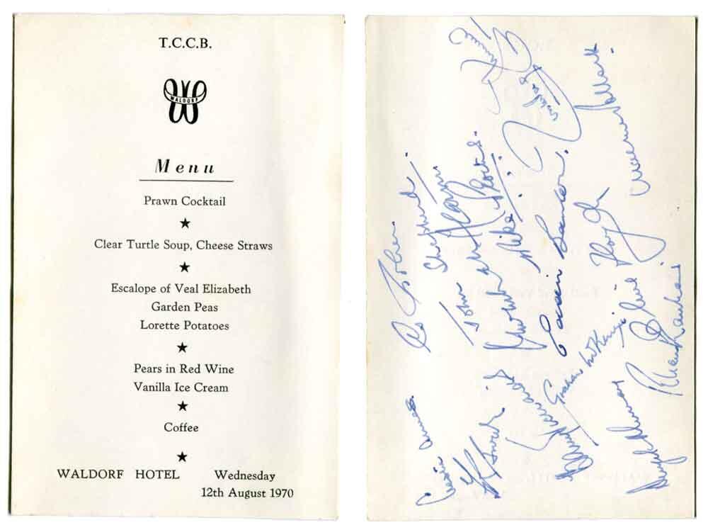 England v Rest of the World 1970. Waldorf Hotel Dinner single card menu dated 12th August 1970 on