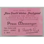 New South Wales (Australia) v Pontpool 1927. Official ‘Press Messenger’ match ticket for the