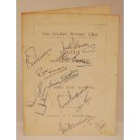 The Cricket Writers’ Club Fourth Annual Dinner 1951. Official menu for the Dinner held at The
