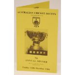 Don Bradman. Australian Cricket Society. Adelaide Branch. 7th Annual Dinner 1984. Official menu