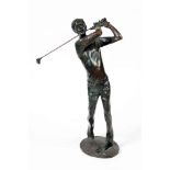 Bronze golfing figure c1970s/1990s. Elegant heavy bronze sculpture of a golfer completing a drive.