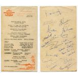 M.C.C. tour of South Africa 1956-57. Official ‘Victoria Falls Hotel’ two sided card menu with