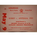 Ashes Test Matches 1953-2001. Selection of official match tickets, ground passes etc relating to