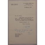 John Arlott. One page typewritten letter from Arlott to E.K. (Ted) Brown on John Arlott’s London