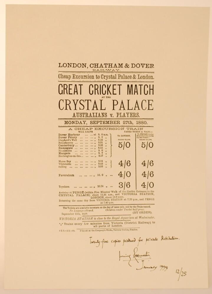 Australians v Players, Crystal Palace, September 27th 1880. Reproduction handbill, London, Chatham &