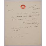 Pelham Francis Warner, Middlesex & England 1894-1929. Handwritten letter on official ‘War Office’