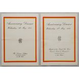 ‘M.C.C. Anniversary Dinner’ menus 1955 to 1967. Official menus, with borders in red and gold with