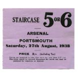 Arsenal 1938/39. Official match ticket for the home match played on 27th August 1938 against