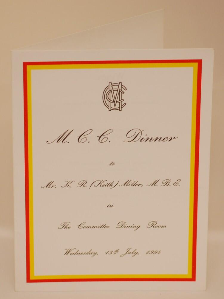 ‘M.C.C. Dinner to Mr K.R. (Keith) Miller, M.B.E.’. Official menu for the Dinner held in the