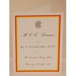 ‘M.C.C. Dinner to Mr K.R. (Keith) Miller, M.B.E.’. Official menu for the Dinner held in the