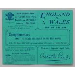 Wales v England, Cardiff Arms Park 1930. Official ‘Complimentary’ match ticket for the International