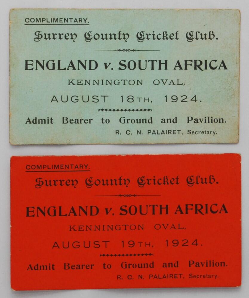 England v South Africa, The Kennington Oval 1924. Pair of rare official ‘complimentary’ match