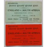 England v South Africa, The Kennington Oval 1924. Pair of rare official ‘complimentary’ match