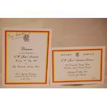 ‘M.C.C. Dinner to mark the 90th Birthday of E.W. (Jim) Swanton’. Official menu and invitation card