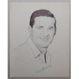 Neil Harvey, Australia. Original pencil sketch of Harvey, head and shoulders in cricket attire by