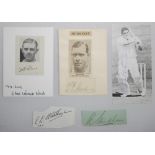 Cricket autographs. Selection of signatures on pieces, cards and scraps, some over picture image.