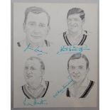 Jim Laker, Ken Barrington, Len Hutton and Richie Benaud. Original pencil sketch, by artist, Alan