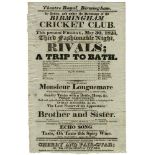 Birmingham Cricket Club, 1823. Poster advertising a production of Sheridan’s play ‘Rivals’ on 30th