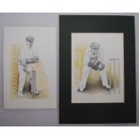 Hanson Carter and Bertie Oldfield. Two original pencil drawings, highlighted in colour, of the two