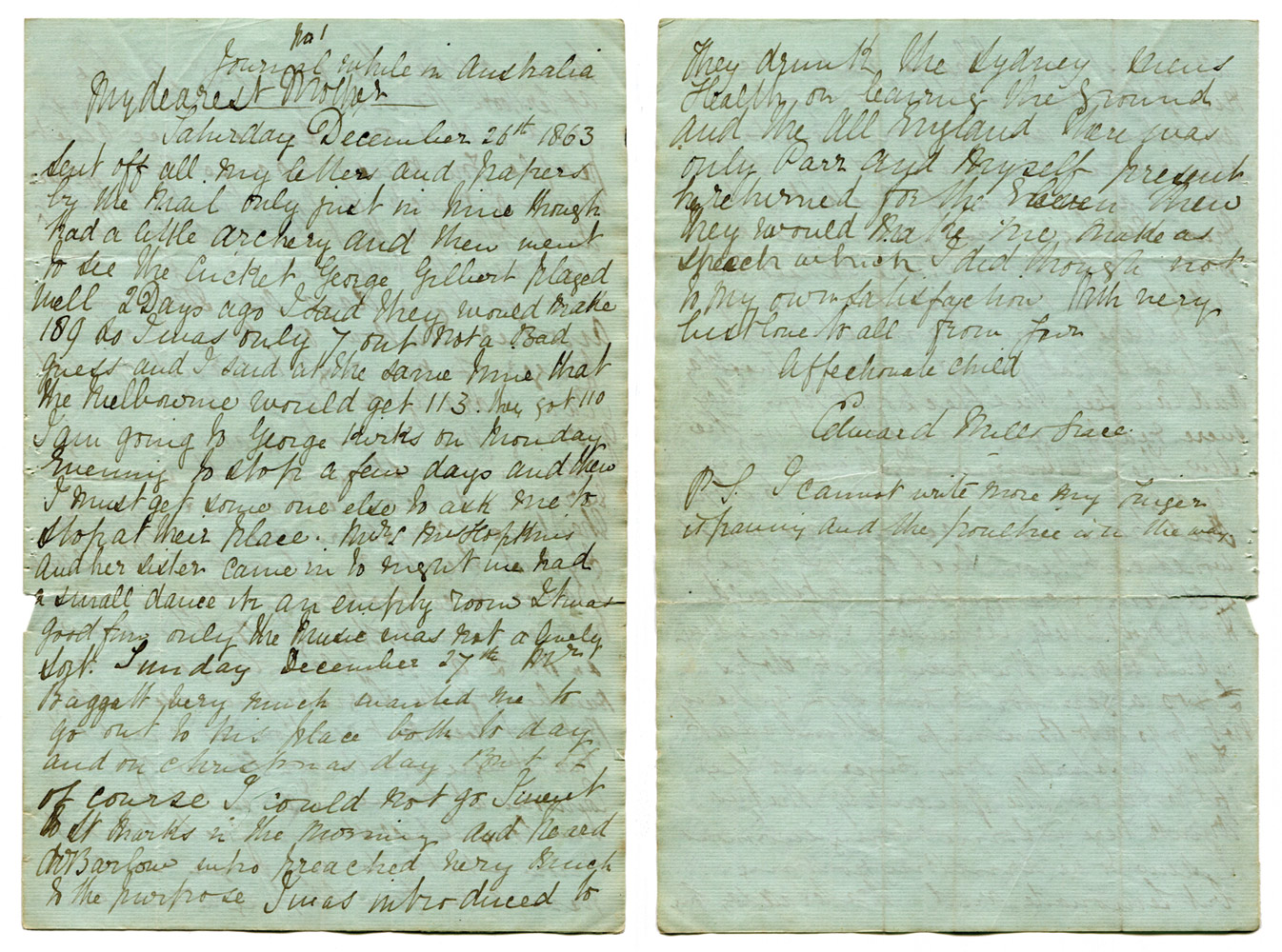 Edward Mills Grace.  Handwritten four page letter from Grace to his Mother, Martha, written from