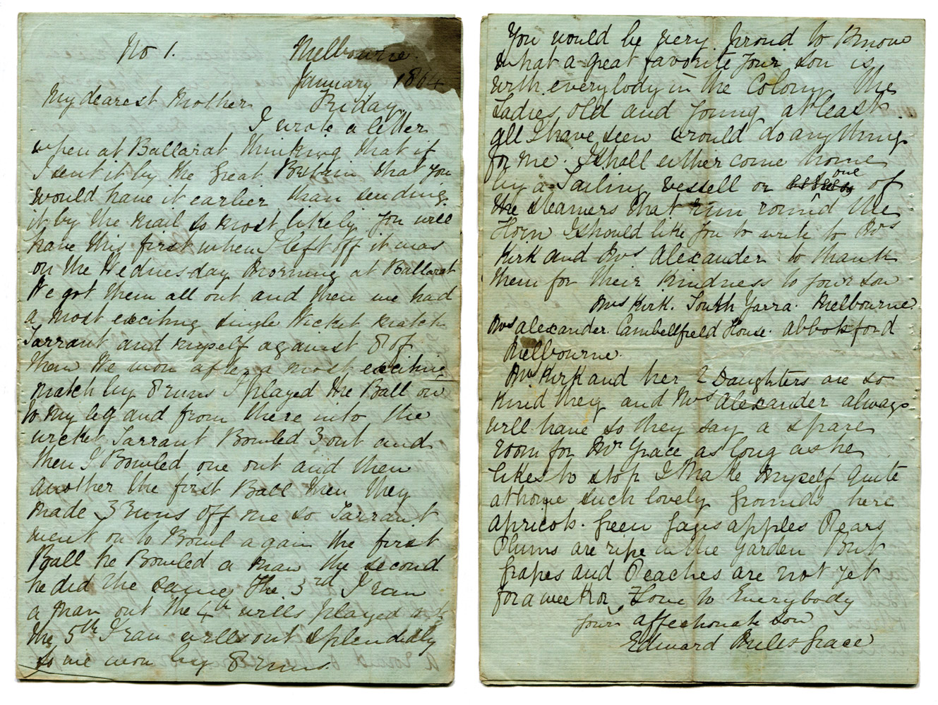 Edward Mills Grace.  Handwritten twelve page letter from Grace to his Mother, Martha, written from