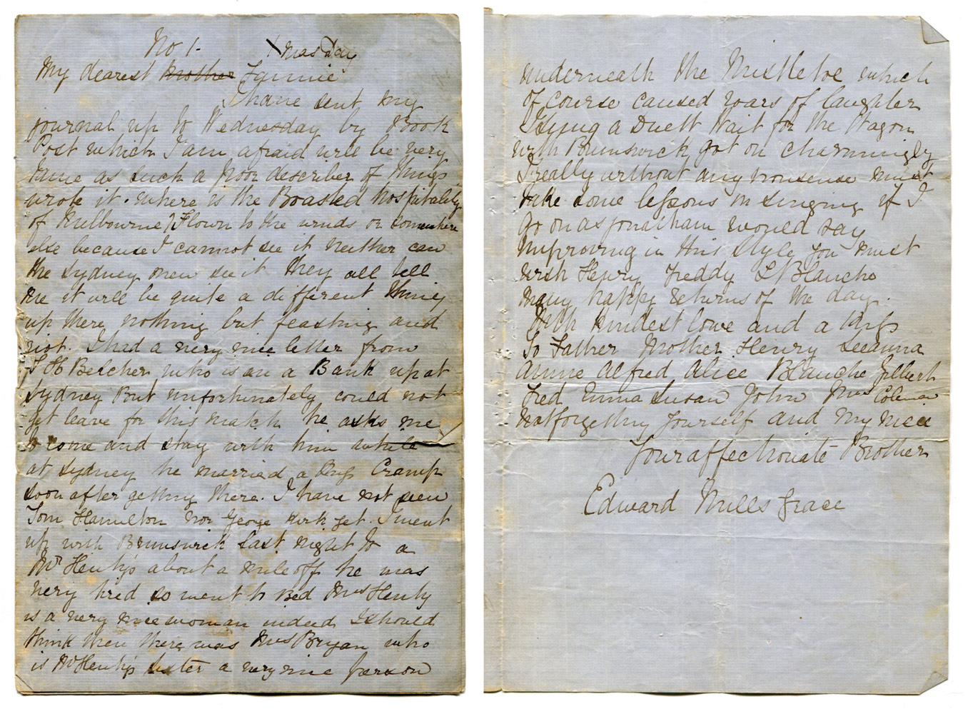 Edward Mills Grace. Handwritten six page letter from Grace to his sister Fannie, written from