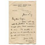 W. G. Grace. Handwritten one page letter on London County Cricket Club letterhead from Grace to