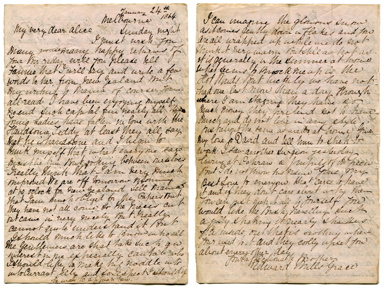 Edward Mills Grace.  Handwritten six page letter from Grace to his Sister, Alice, written from