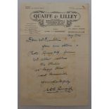 William Quaife, Warwickshire & England 1894-1913. Hand written note on ‘Quaife & Lilley’ headed